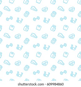 fitness pattern, seamless background with blue fitness icons on white, vector illustration