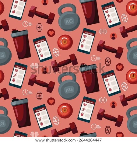 Fitness pattern, seamless background with different sports equipments and fitness icons on red background. Sport and healthy lifestyle.