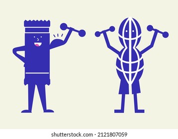 Fitness peanut character and protein bar cartoon style. Cute peanut character exercising vector design

