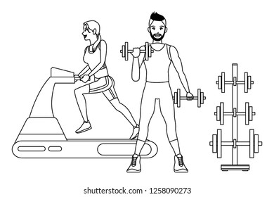 Fitness people cartoon in black and white