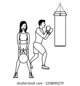 Fitness people cartoon in black and white