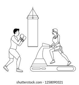 Fitness people cartoon in black and white