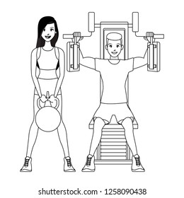 Fitness people cartoon in black and white