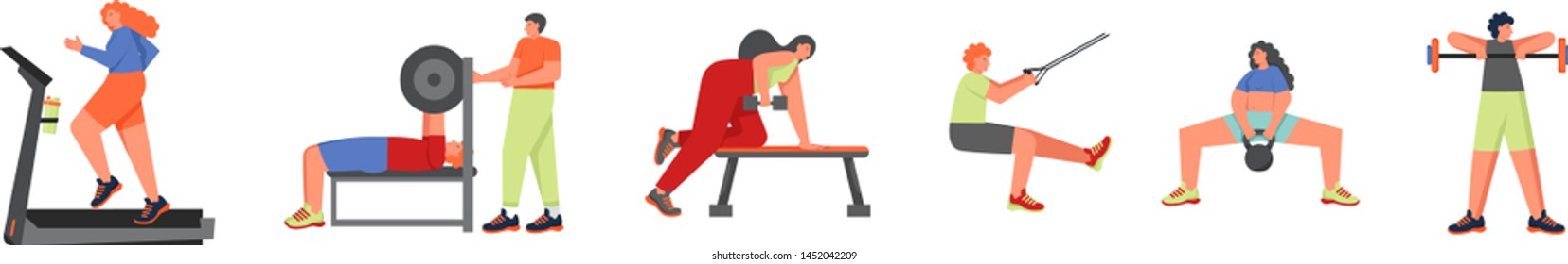 Fitness people doing sports using gym equipment barbell, dumbbell, kettlebell, trx, treadmill, vector flat illustration isolated on white background. Strength training, weightlifting, bodybuilding.