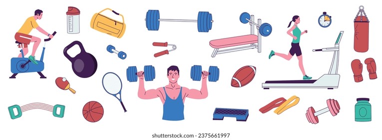 Fitness people with equipment set. Cartoon sport persons with barbell weightlifting dumbbells, workout sportsmens with gym stuff in flat style. Vector isolated set. Man and woman exercising