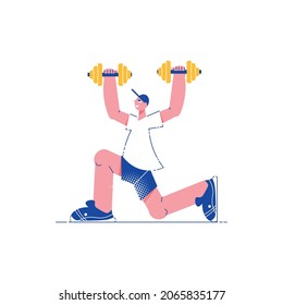 Fitness People Flat Composition With Male Character Holding Two Barbells In Hands Vector Illustration