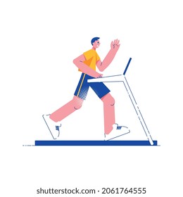 Gente de aptitud composición plana con vista lateral del hombre en la ilustración vectorial de la máquina en marcha