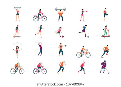 Fitness people flat icon set. Sport man and woman cartoon character isolated on white.