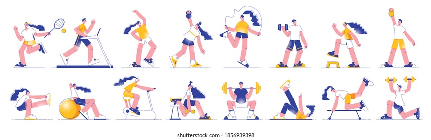 Fitness people flat set with jump rope workout stretching weightlifting stability ball training machine exercises vector illustration