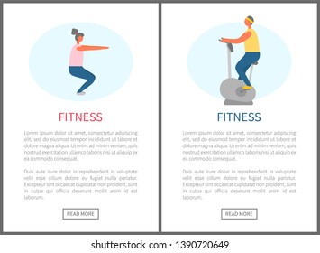 Fitness people leading healthy lifestyle vector, athletes doing squats and riding machine bicycle. Man and woman in gym losing weight and keep fit