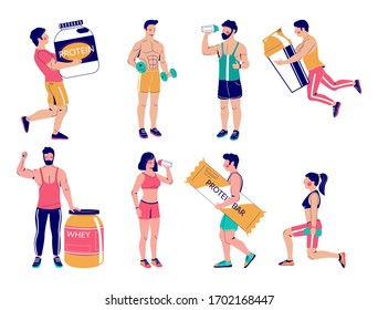 Gente de fitness con nutrición deportiva, vectorial de ilustración aislada. Entrenamiento de los constructores de cuerpos, sacudida de proteínas, sosteniendo el frasco en polvo de proteínas de suero. Formación de peso y nutrición para la construcción del cuerpo.