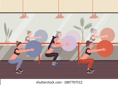 Fitness people at sports training vector illustration. Cartoon sportive woman group of characters in sportswear squat, doing ball exercises in modern studio gym interior, young lady workout background