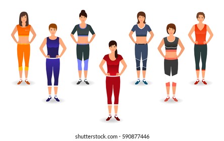 Fitness people in sports wear. Group of women doing pilates exercises. Sport characters. Healthy lifestyle concept. Vector illustration...