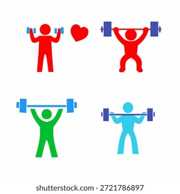 Icono del Vector de la gente de la aptitud fijado en estilo colorido plano, mostrando el levantamiento de pesas y las actividades del entrenamiento para la marca del gimnasio, los App de la salud, los carteles, y las infografías