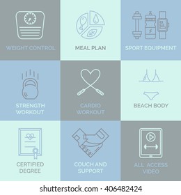 Fitness and personal training line icons. For web site, sport app, online workouts, gym. Vector concept in modern outline style.