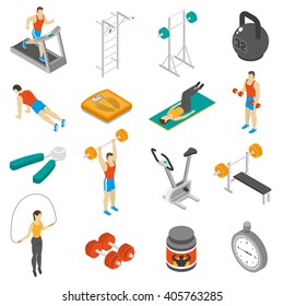 Fitness physical activities supplements and exercises for men and women isometric icons collection abstract isolated vector illustration 