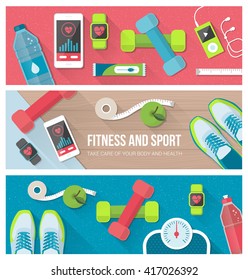 Fitness, physical exercise, weight loss and technology banners set with sports equipment, weight scale, smartphone and watch