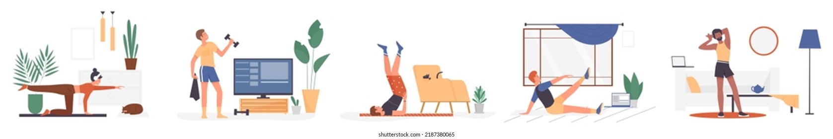 Fitness and physical exercises of people at home set vector illustration. Cartoon sporty man and woman training with dumbbells indoors, person doing yoga isolated on white. Wellness, sport concept