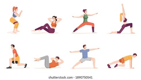 Fitness and pilates, strengthening of body and growing muscles. Isolated set of personages doing physical exercises. Workout and training, active lifestyle. Cartoon character, vector in flat style