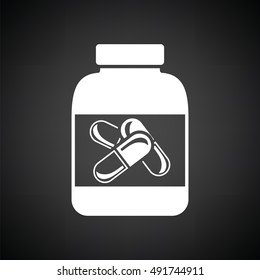 Fitness pills in container icon. Black background with white. Vector illustration.