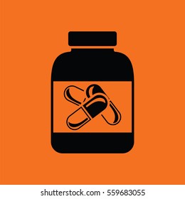 Fitness pills in container icon. Orange background with black. Vector illustration.