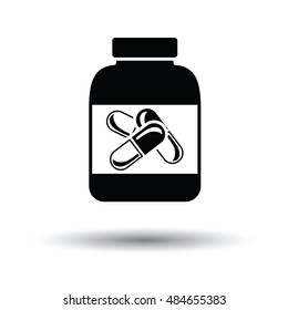 Fitness pills in container icon. White background with shadow design. Vector illustration.