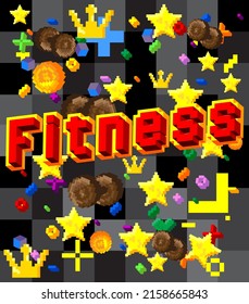 Fitness. Pixelated word with geometric graphic background. Vector cartoon illustration.