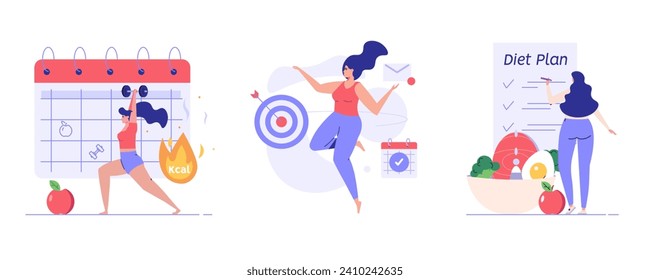 Ilustración del plan de fitness. Las mujeres planean ejercicios con calendario y campanas. Plan de ejercicio, entrenamiento personal, dieta equilibrada. La gente controla el peso. Diseño de dibujos animados planos vectoriales para banner web