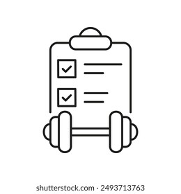Icono De Línea De Plan De Fitness Con Portapapeles Con Lista De Verificación Y Mancuerna. Pérdida De Peso Y Control Rutinario Del Ejercicio. Ilustración vectorial aislada.