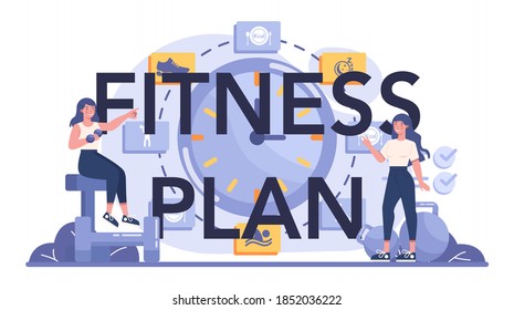 Fitness plan typographic header. Diet plan and physical activity. Over weight people getting skinny. Calories control and fitness in slimming process. Isolated flat vector illustration