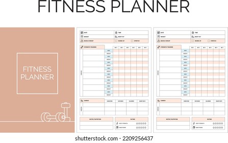 Fitness Planner page template, strength training,  cardio, nutrition, workout and weight loss tracker