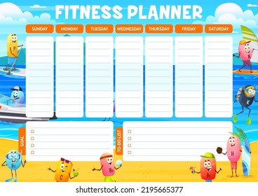 Fitness planner schedule. Cartoon vitamins on summer beach vacation. Healthy eating plan vector planner schedule with vitamins characters on summer beach. Surfing and diving, cocktails and