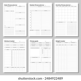 Fitness planners set. Daily, weekly, monthly fitness planners, workout tracker, fitness goals and weight tracker. A4 printable templates.