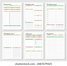 Fitness planners set. Daily, weekly, monthly fitness planners, workout tracker, fitness goals and weight tracker. A4 printable templates.