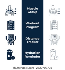Fitness planning and muscle tracking vector icon set with body muscle group, workout program checklist, elliptical distance tracker, and hydration reminder water bottle.