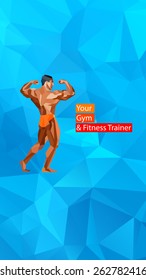 FITNESS. Polygonal Athlete, Bodybuilder, Personal Trainer In A Gym. Screensaver Or Banner Or Sports Poster Template. Vector Illustration