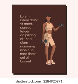 Fitness poster with a African American woman in sportswear standing and doing a workout with dumbbells on brown background with copy space text. Vector illustration
