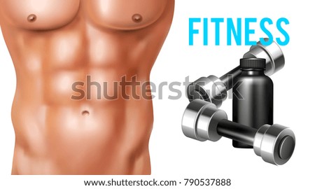 Fitness poster with dumbells and abs pack of naked man on white background realistic isolated vector illustration
