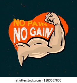 Fitness poster with muscle arm and inpirational quote - no pain no gain!