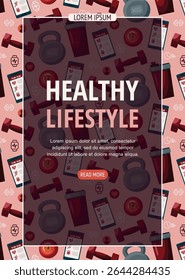 Fitness poster template. Seamless pattern background with sports equipments and square shape.
