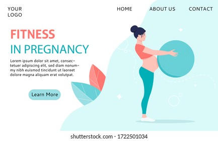 Fitness for pregnant. The concept of a healthy and happy pregnancy. Design for the homepage of the fitness club website. Vector cartoon illustration in flat style.