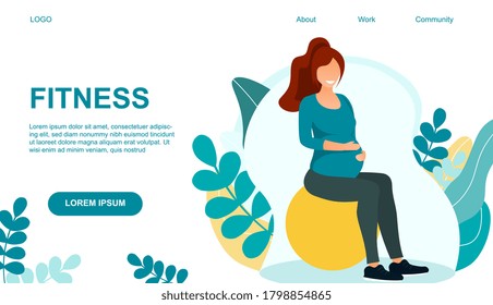 Fitness for pregnant woman concept. Pregnant woman doing exercises with fitness ball. Webpage template. Vector illustration.