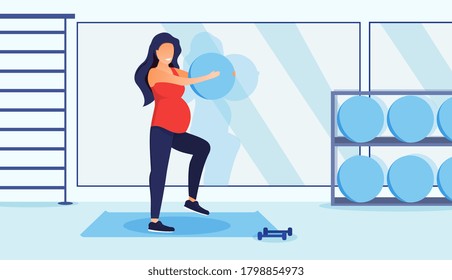 Fitness for pregnant woman concept. Girl doing sport exercises indoors. Flat vector illustration