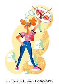 Fitness pretty girl vector character standing refuses fast food. Sporty slim girl chooses healthy lifestyle and balanced meal. Concept of self control, life change, choose health and good habits