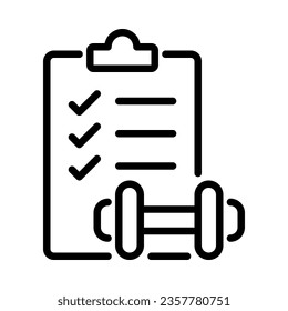 Fitness program icon. Checklist board with dumbbell. Line vector. Isolate on white background.