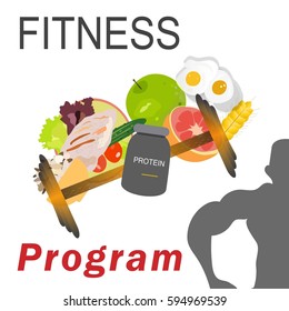 Fitness program for success: sports nutrition products: vegetables, fruits, proteins, grains, rod sports, athletic male cartoon silhouette