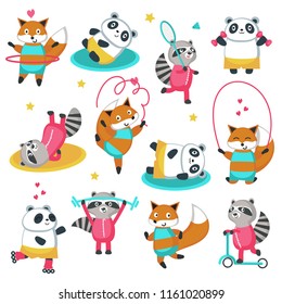 Fitness raccoon panda fox icon set. Vector illustration isolated on white background. Cute animals playing badminton, riding push scooter, exercising with jump rope, hula hoop, dumbbells etc.