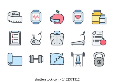 Fitness related color line icon set. Gym exercises colorful linear icons. Sport and training flat color outline vector sign collection.