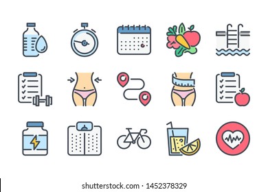 Fitness Related Color Line Icon Set. Gym Exercises Colorful Linear Icons. Sport And Training Flat Color Outline Vector Sign Collection.