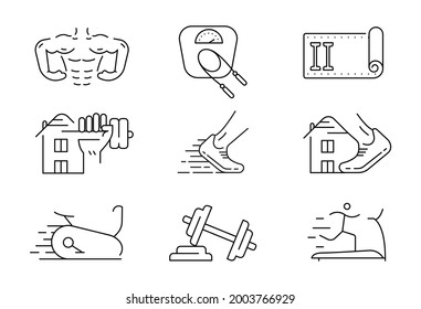 Fitness related icon set. linear set. Sport icon with sneakers, weight, body and more. Running sign. Editable logo.